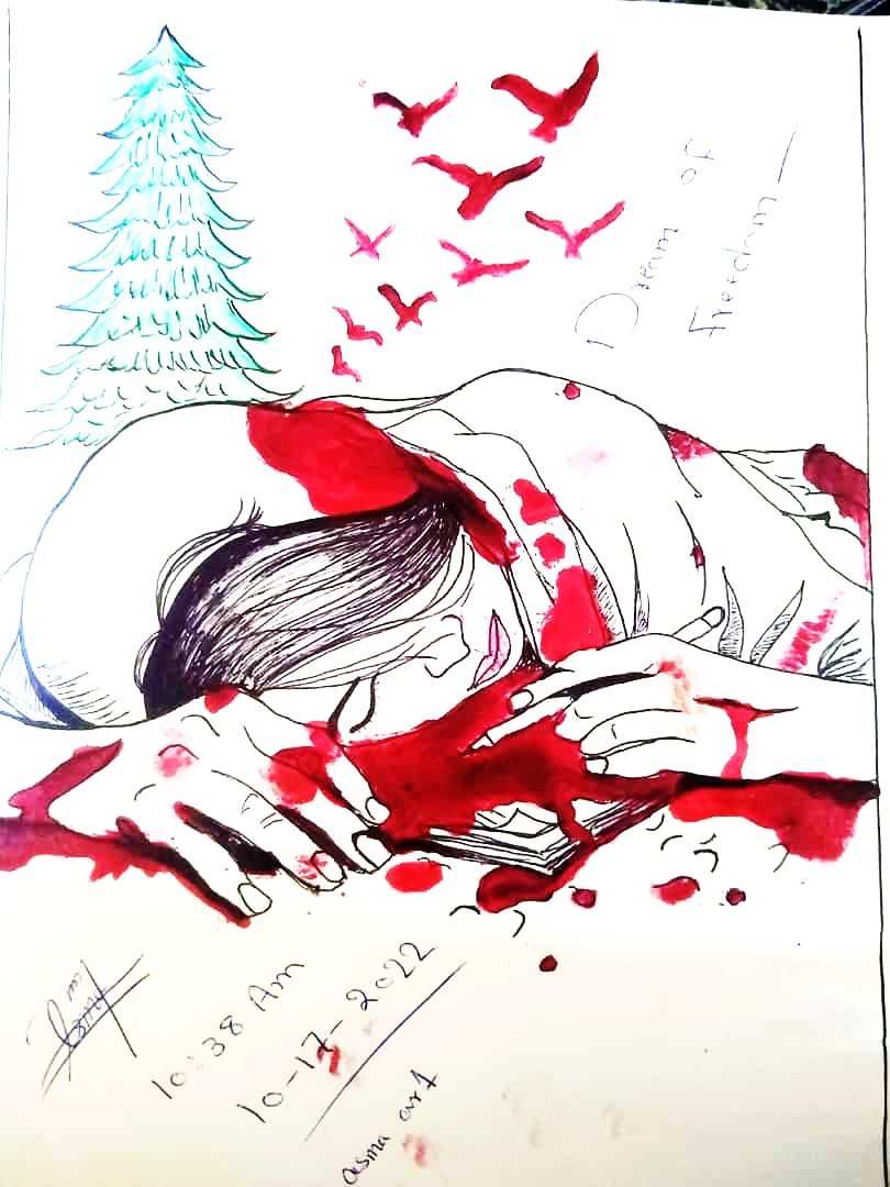 &lsquo;Dream of Freedom&rsquo; by Asma, dated October 17, 2022. A figure lying down in red, red birds rising, the words &lsquo;Dream of Freedom&rsquo; written diagonally.