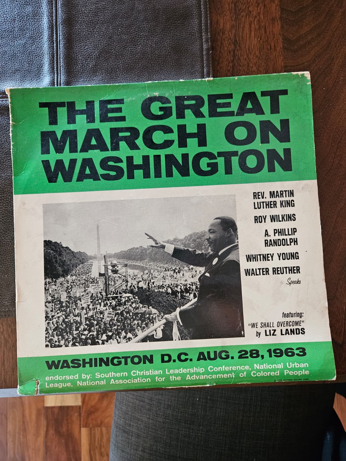 Album cover of 'The Great March on Washington' Motown Record Corp. 1963, with Rev. Martin Luther King, Roy Wilkins, A. Philip Randolph, Whitney Young, Walter Reuther, and 'We Shall Overcome' by Liz Lands