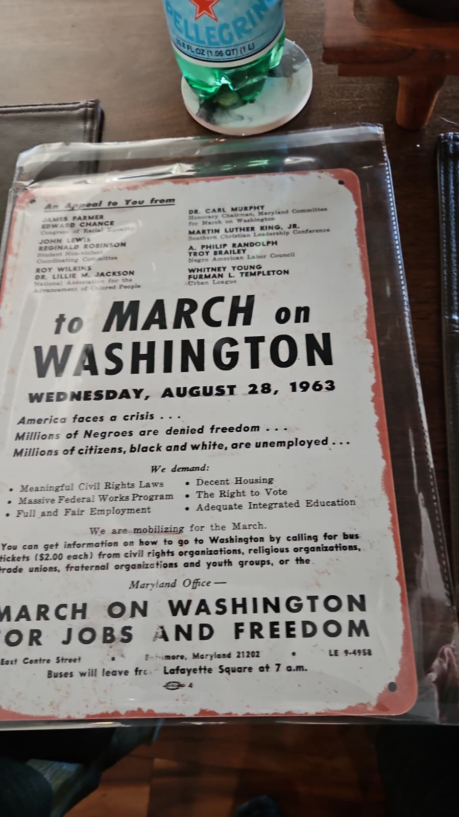 Original recruitment poster for the March on Washington, Wednesday August 28 1963, signed by James Farmer, John Lewis, Roy Wilkins, MLK, A. Philip Randolph, Whitney Young, Carl Murphy, Troy Brailey, Furman Templeton, Edward Chance, Reginald Robinson, and Dr. Lillie M. Jackson