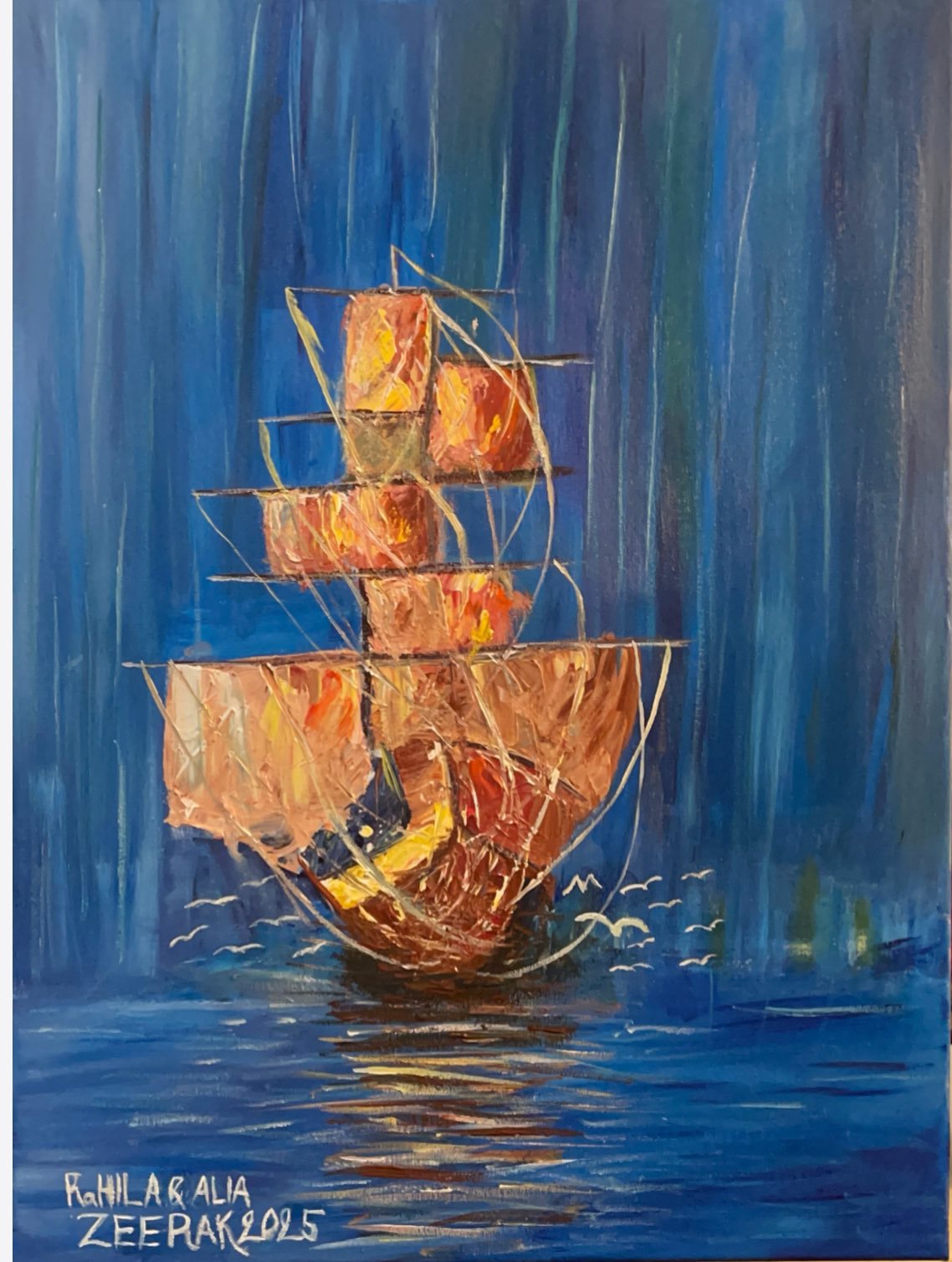 Painting of a tall ship with golden sails on a blue sea, by Rahila and Alia Zeerak, 2025